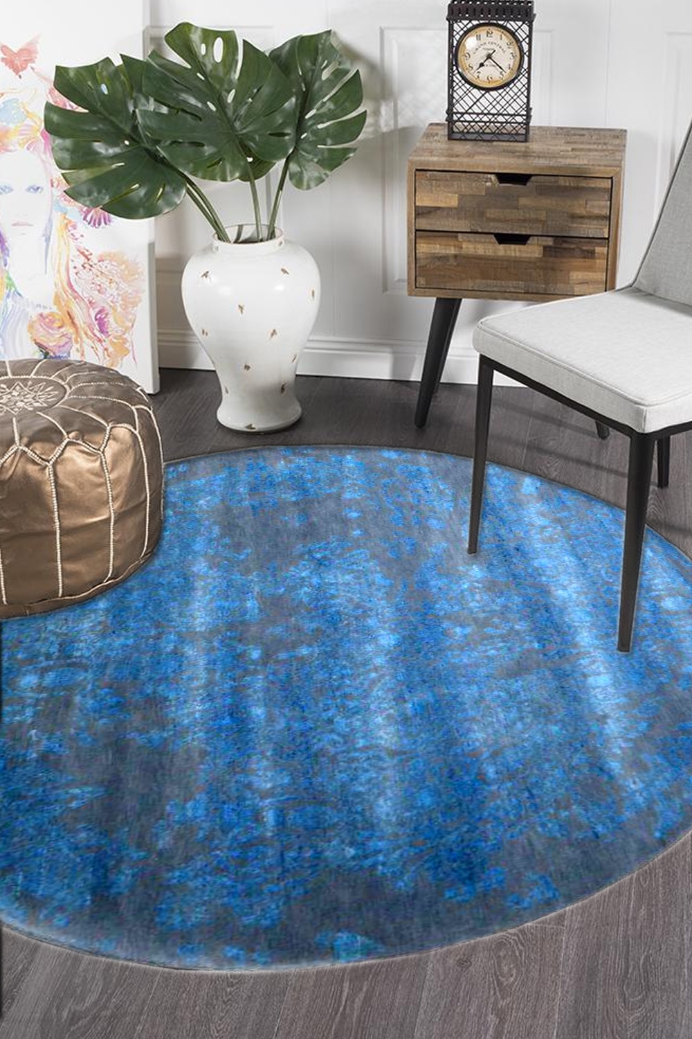 Beautiful Round Full Blue Moon Wool Area Rug At reasonable Price