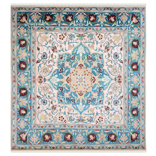 Turquoise Medallion Kashan Square Carpet 