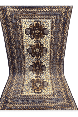Four Motif Original Brown Afghani Hand Knotted Carpet