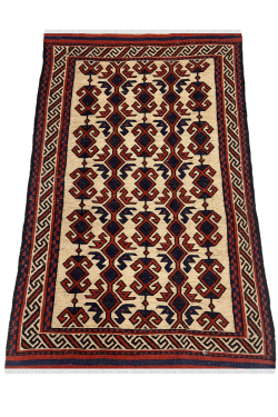 Ivory Maroon Curved Bokhara Handmade Carpet