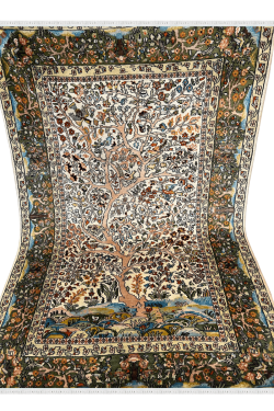 Pictorial Kashmir Wool Silk Handknotted Olive Carpet 
