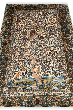 Pictorial Kashmir Wool Silk Handknotted Olive Carpet 