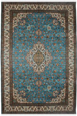 Blue Silk Rug Kashan Floral