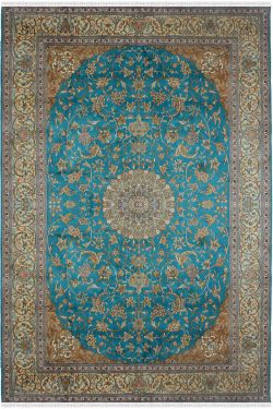 Turquoise Persian Kashan Pure Silk Rug