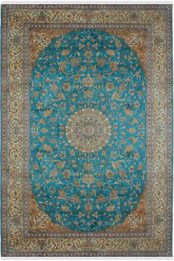 Turquoise Persian Kashan Pure Silk Rug