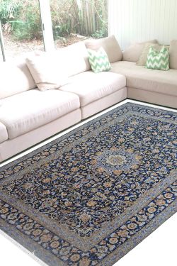Blue Persian Kashan Floral Wool Carpet