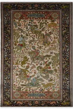 Ivory Hunting Pictorial Silk Rug