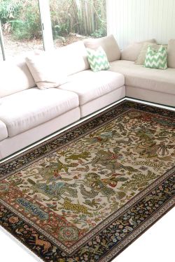 Ivory Hunting Pictorial Silk Rug