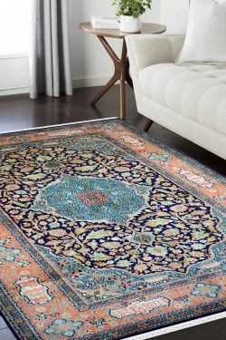 Orange Blue Medallion Persian Kashan Pure Silk Rug