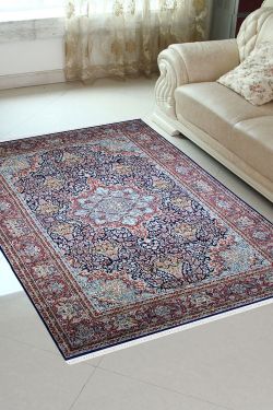 Floral Kashan Medallion Blue Handknotted Silk Floor Rug