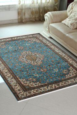 Blue Silk Rug Kashan Floral 