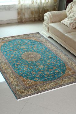 Turquoise Persian Kashan Pure Silk Rug