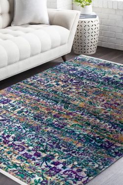 Aqua Floral Motif Sari Silk Area Rug