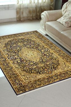 Kashan Gold and Blue Traditional Silk carpet
