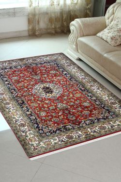 Ivory Border Red Small Handknotted Silk Area rug