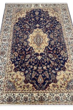 Navy Blue Ivory Kashan Kashmiri Handknotted Rug
