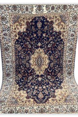 Navy Blue Ivory Kashan Kashmiri Handknotted Rug