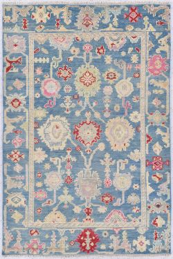 Blue Floral Motif Oushak Handmade Wool Carpet