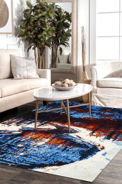 Contemporary Pure Wool Blue Designer Modern Area Rug