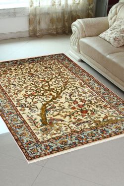 Hunting Tree Of Life Persian Ivory Kashmiri Silk Carpet