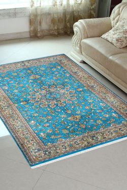 Turquoise gold Ardabil hand knotted silk carpet