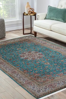 Turquoise Wheel Fine Silk Handmade Carpet