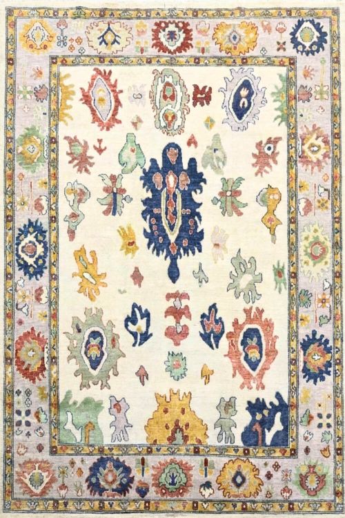Ivory and Multicolour Palmette Oushak Handmade Area Rug