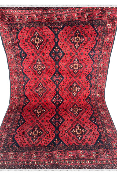 Dual Faced Bright Red Small Handknotted Afghan Rug