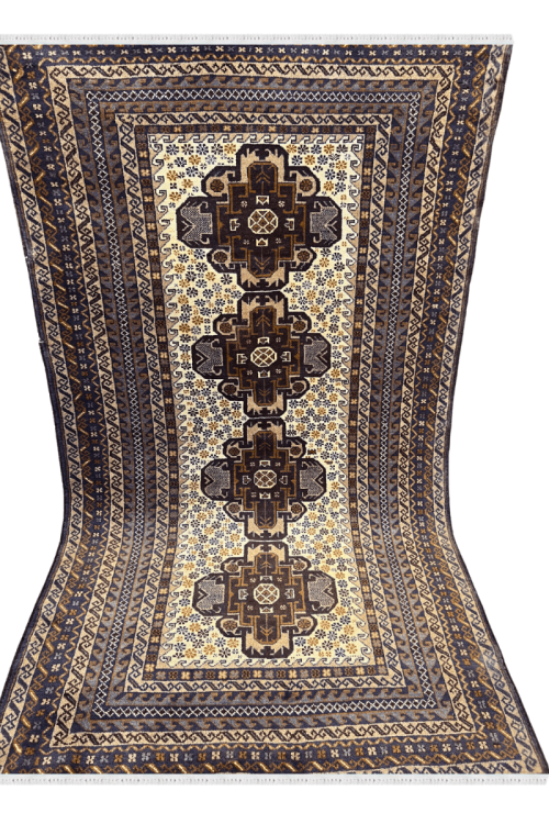 Four Motif Original Brown Afghani Hand Knotted Carpet