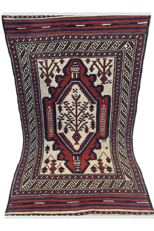 Ivory Maroon Low Pile Handmade Kilim Rug