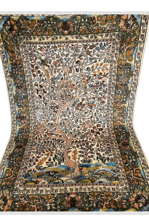 Pictorial Kashmir Wool Silk Handknotted Olive Carpet 