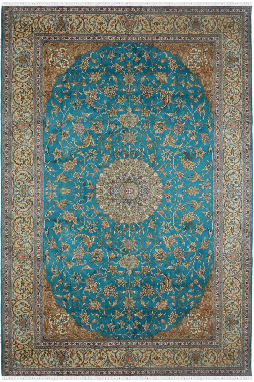 Turquoise Persian Kashan Pure Silk Rug