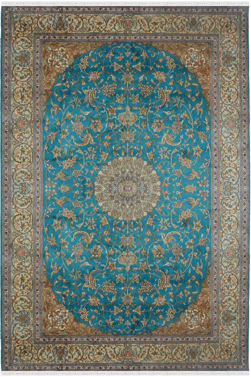 Turquoise Persian Kashan Pure Silk Rug