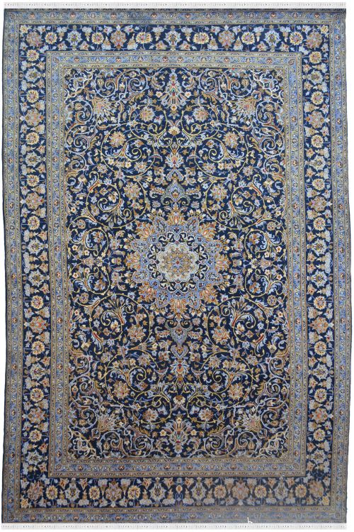 Blue Persian Kashan Floral Wool Carpet