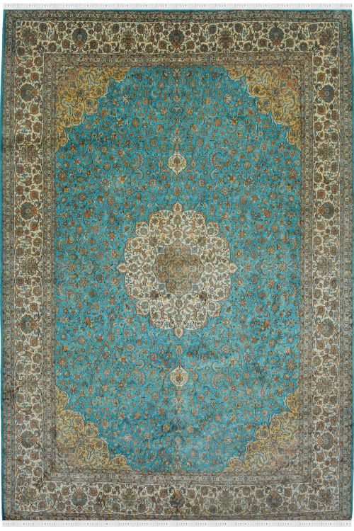 Firozi Kashan Medallion Silk Carpet