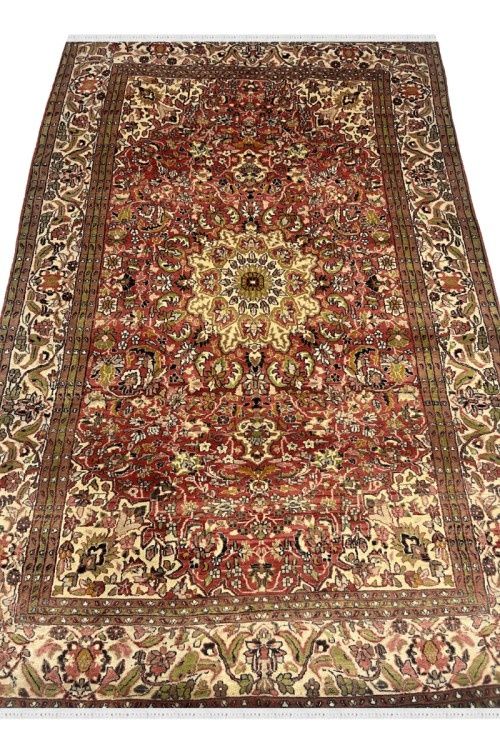 Cream Medallion Kashan Kashmir Handmade Wool Rug