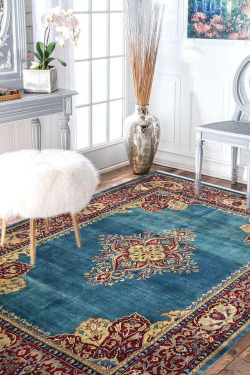 Turquoise Medallion Classic Handknotted Wool Carpet
