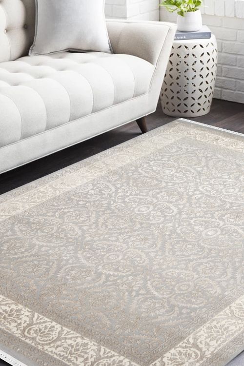 Embossed Grey Handknotted Wool Rug 