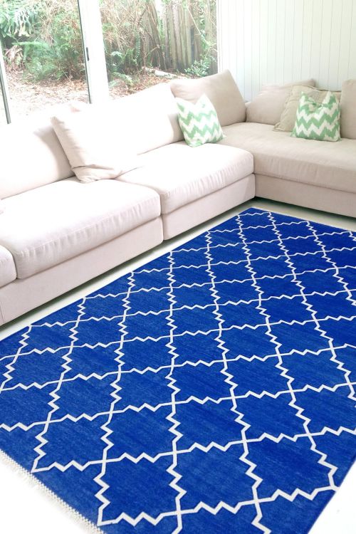 Royal Blue Zanjeer Cotton Panja Handwashable Dhurry Rug