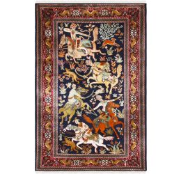 Hunting Scene Silk Rug, Small Silk Carpet, Hanging Wall Rug, Royal