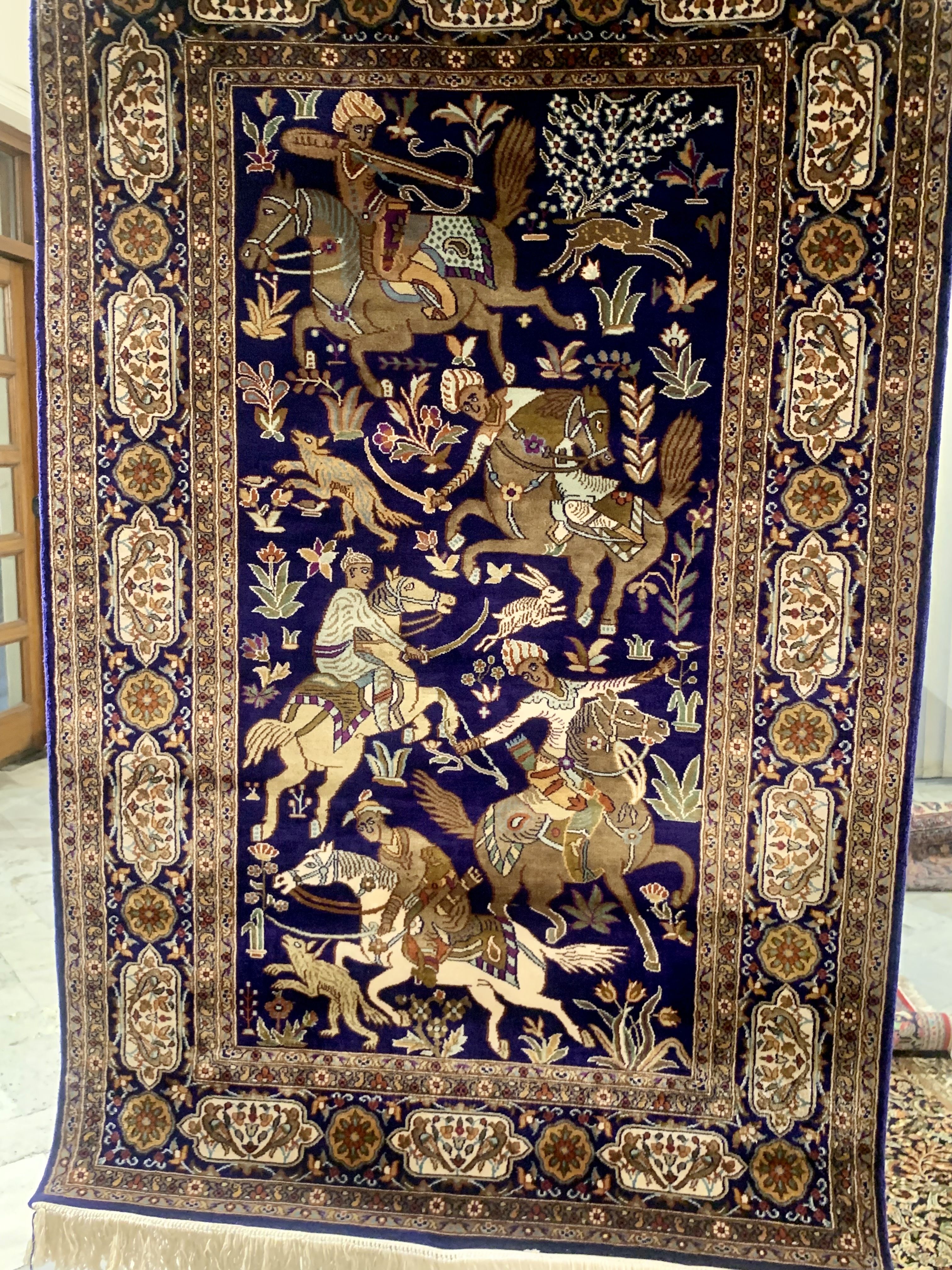 Hunting Scene Silk Rug, Small Silk Carpet, Hanging Wall Rug, Royal