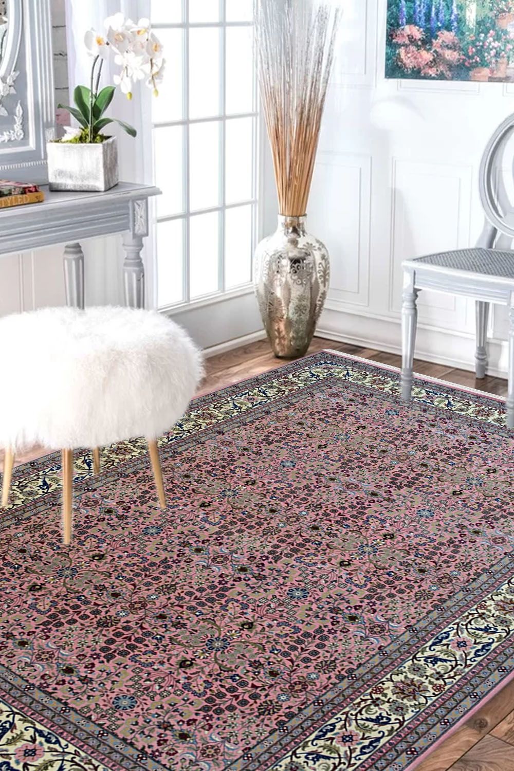 Buy wool rugs online and Pink Lilian All Over Kashan Wool area Rugs for