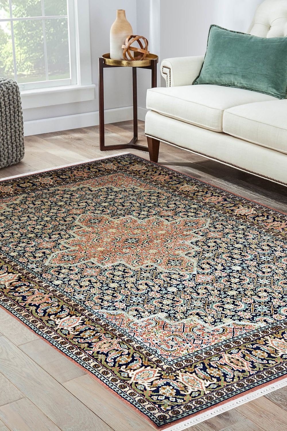 Traditional Persian Oriental  Medallion Silk Like round rugs  black floor mat 