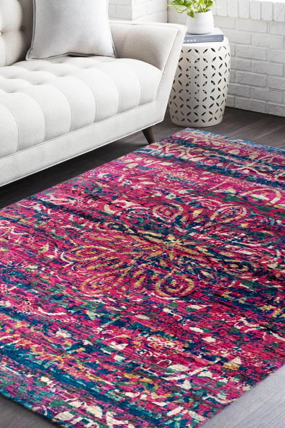 Feel the beauty with Fuschia Blus Modern Sari silk Rug at low price