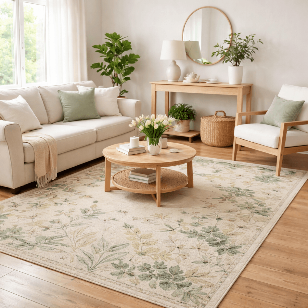 Minimalist spring living room with indoor plants and a nature-inspired handmade rug for a clean and refreshing space
