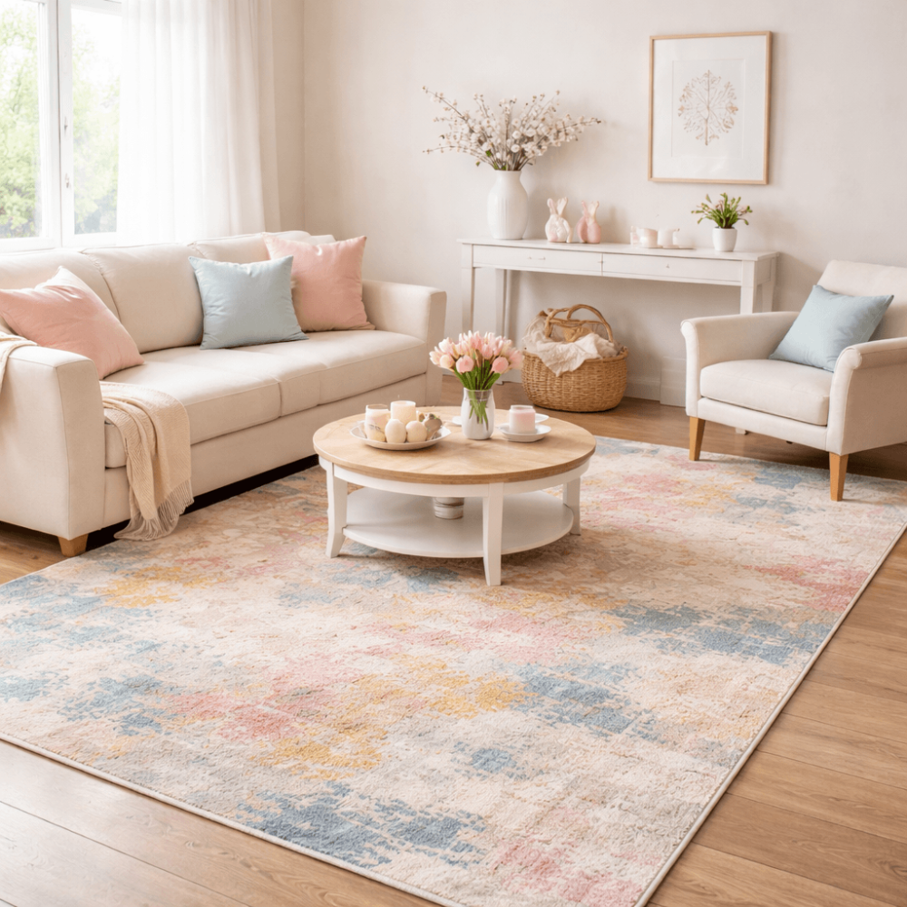 Bright Easter-themed living room with pastel décor, candles, and a modern abstract rug adding warmth and style
