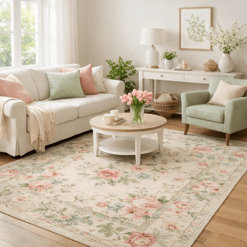 Light and airy spring living room with pastel cushions and a handmade floral rug, creating a fresh seasonal home decor look.